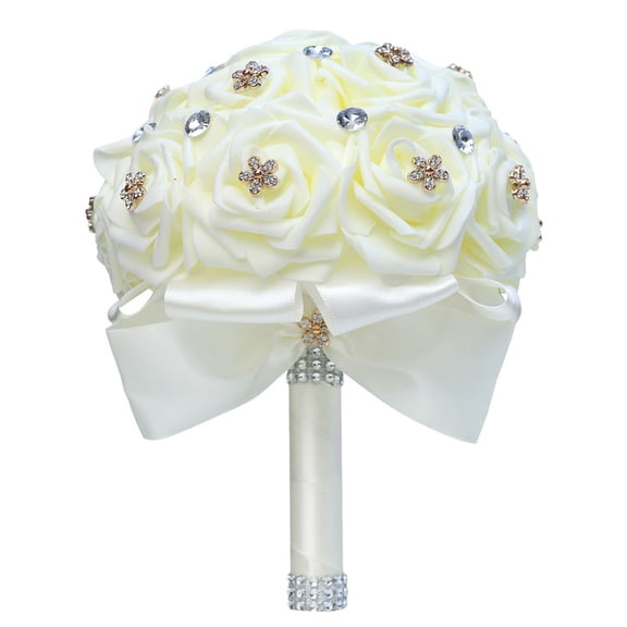Wedding Bouquets for Bride, Wedding Bridal Bouquet Crystal Diamond Silk Roses, Bride Bridesmaid Wedding Hand Roses Bouquet Artificial Flowers Bouquet for Wedding Churches Parties (White)
