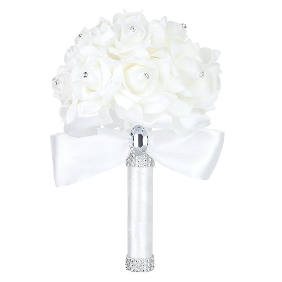 White Artificial Rose Bridal Bouquet, Handmade Wedding Bouquet with Rhinestone & Satin Ribbon, Foam Flower Bridesmaid Holding Bouquet for Wedding Ceremony Decor