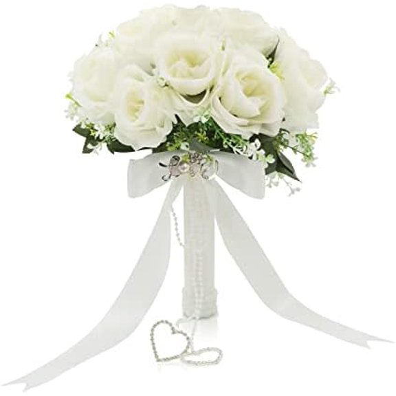 Wedding Bouquets for Bride, White Bridal Bridesmaid Wedding Flowers with Silk Ribbon and Rhinestones, Artificial Toss Rose for Civil Ceremony$$Home Decor, Kitchen, & Other