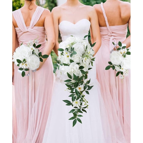 Wedding Bouquets for Bride, Set of 5, Bridesmaid Bouquet Artificial Flower Bridal Bouquet for Wedding Ceremony Anniversary (White)