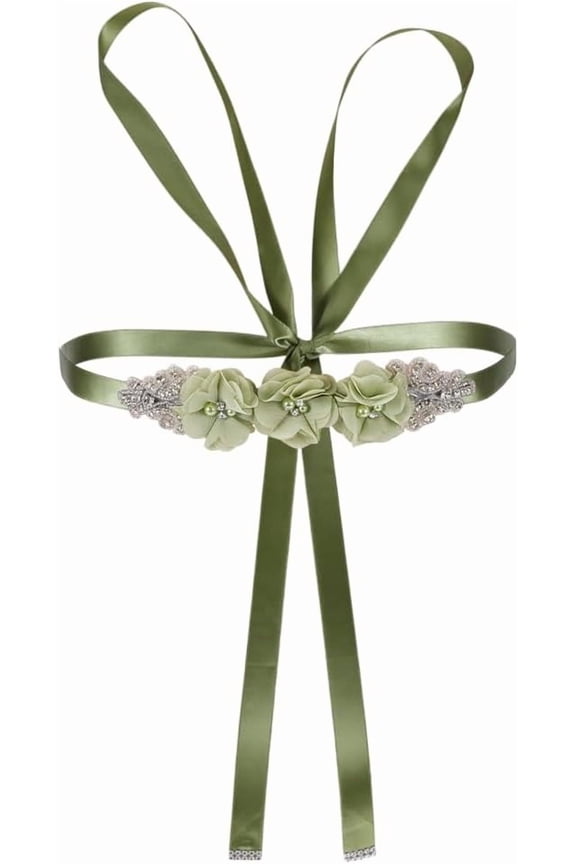 Wedding Bridal Belt Sash with Flower Rhinestone Pearl Satin Ribbon Bridal Belt Waist Sash for Wedding diy Green