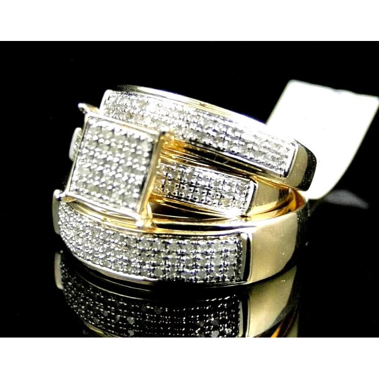 Wedding Bridal His/Her Trio Ring Set 14K Yellow Gold Plated Round