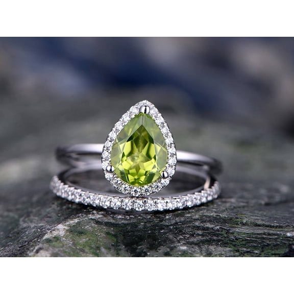 Wedding Bridal Ring Set For Bride - 925 Sterling Silver Bridal Ring Set For Annivesary Gift in Pear Cut Peridot & Diamond Halo