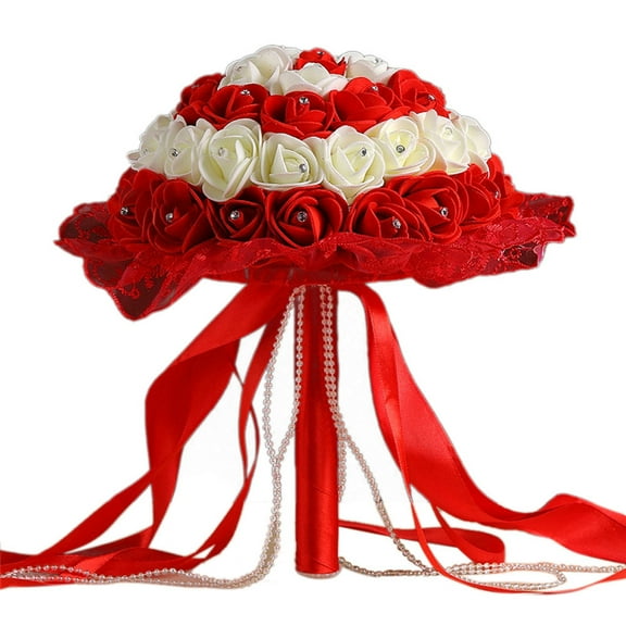 Wedding Bride Bouquet - Artificial Flowers Bouquet, Artificial Roses, Bridal Flowers for Wedding, Bride Bridesmaid Hand Flowers, Lace Pearl Ribbon, Perfect for Church, Party and Home Decor