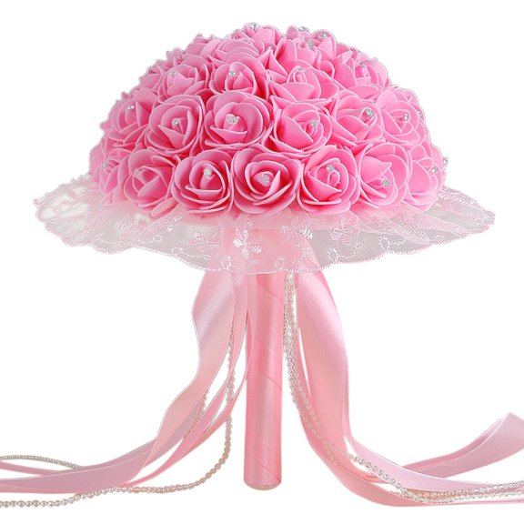 Wedding Bride Bouquet - Artificial Flowers Bouquet, Artificial Roses, Bridal Flowers for Wedding, Bride Bridesmaid Hand Flowers, Lace Pearl Ribbon, Perfect for Church, Party and Home Decor