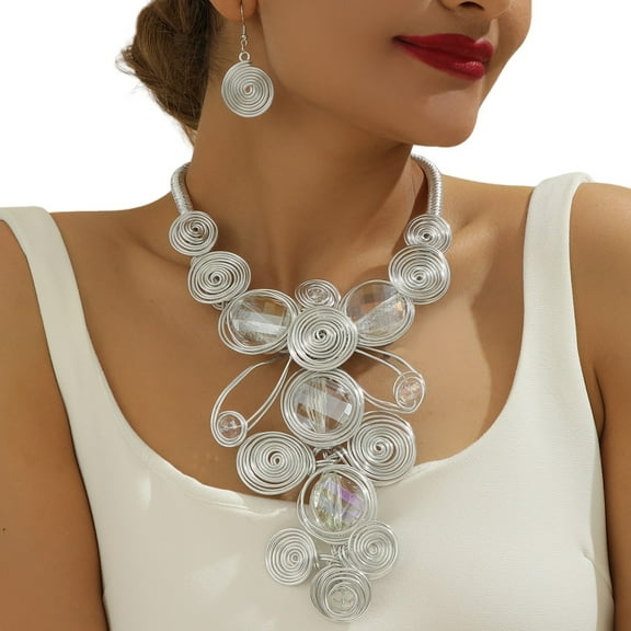 Wedding Bride Statement Aluminum Wire Necklace Earring Set For Women Tribal Fashion Costume Jewelry Earring Sets Unique Colorful Big Rhinestone Crystal Pendent Collar Choker Bib Handmad