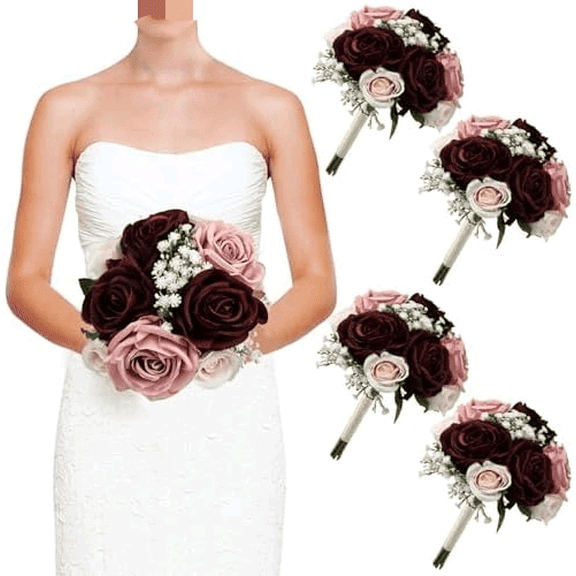 Wedding Bridesmaid Bouquets Set of 4, Artificial Silk Flowers Arrangement for Ceremony Marriage Proposal Party Anniversary Decorations - Burgundy & Dusty$$Home Decor, Kitchen, & Other