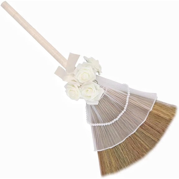 Wedding Broom for African American Jumping Ceremony, Decorative Jump Broom DIY Wedding Decor, Pearl Yarn Pearl Chain with Ribbons Artificial Pearl Roses