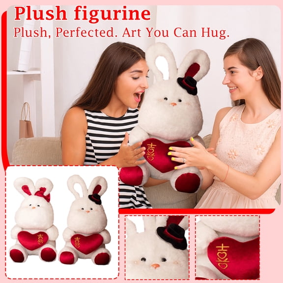 Wedding Bunny Plush Toy Set Couple White Rabbits with Red Hearts and Hats Soft Stuffed Animal Gift for Valentines Day Anniversary 12 Inch A27