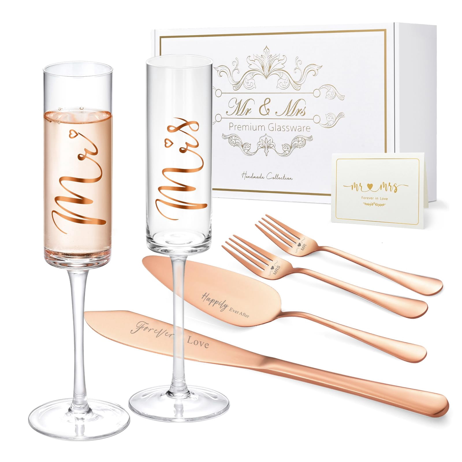 Wedding Cake And Server Set  Bride Groom Mr Mrs Champagne Flutes & Forks With Giftable Box For Engagement Bridal Shower Gifts