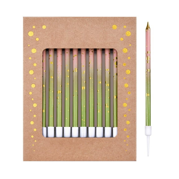 Wedding Cake Candles Long Thin Tapered Birthday Party Supplies, Pink Green Gold Colored Decorative Tips