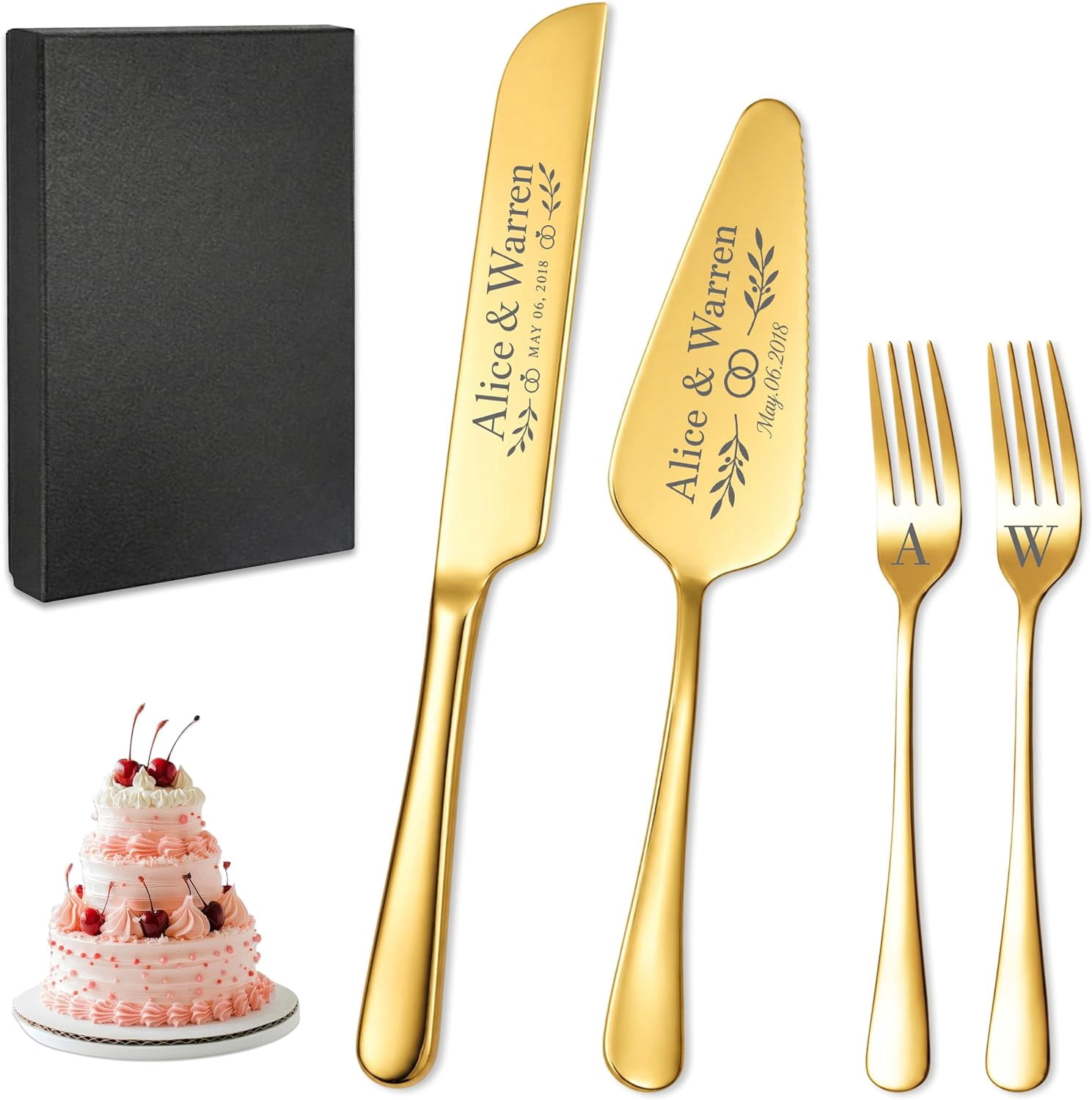 Wedding Cake Cutting Set, Engraved Knife Server & Forks with Icon for Wedding Cake Cutting Set, Engraved Knife Server & Forks with Icon for