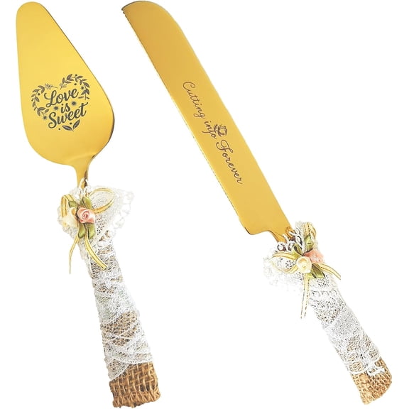 Wedding Cake Knife and Server Set 10.83" Serrated Knife & 9.84" Server with Rustic Lace Burlap Handles, Stainless Steel Blades, for Bride & Groom, Anniversary & Engagement Gift(gold)