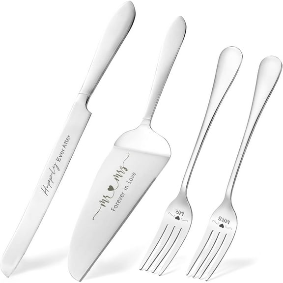 Wedding Cake Knife and Server Set, Engraved Mr and Mrs Silver Forks Cake Cutting Set Pie Dessert Servers for Wedding Anniversary Bridal Shower Engagement