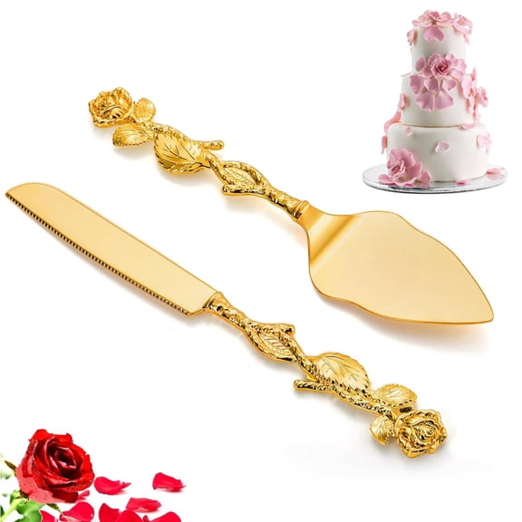 Wedding Cake Knife and Server Set, Gold Cake Cutting Set for Wedding, Vintage Rose Wedding Cake Cutting Set for Birthday, Party, Anniversary, Cake, Pie, Pizza