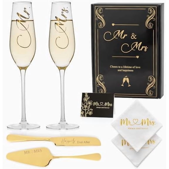 Wedding Cake Knife And Set Mr Mrs Champagne Flutes, Bride And Groom Gold Engraved Toasting Glasses With Cocktail Napkins Cake Cutting Set For Wedding, Personalized Engagement Gifts For Couple