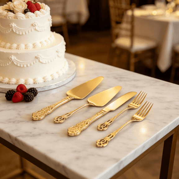 Wedding Cake Knife and Server Set, Gold Cake Cutting Set for Wedding, 4 Pieces Set with Forks for Engagements, Anniversaries, Bride and Groom