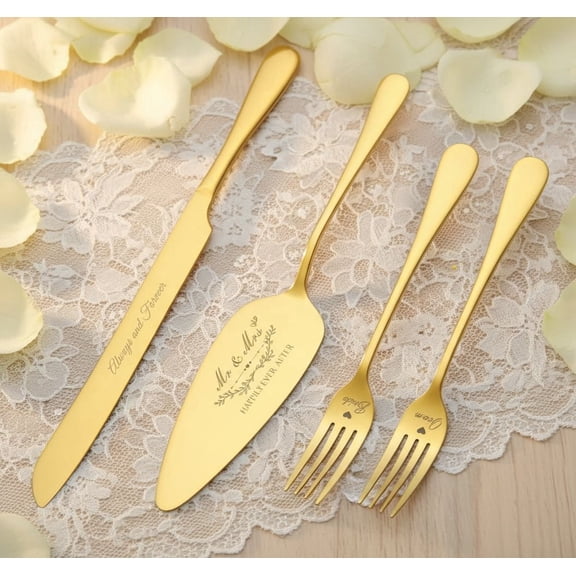 Wedding Cake Knife and Server Set, Gold Cake Cutting Set for Wedding, 4 Pieces Set with Forks for Engagements, Anniversaries, Bride and Groom