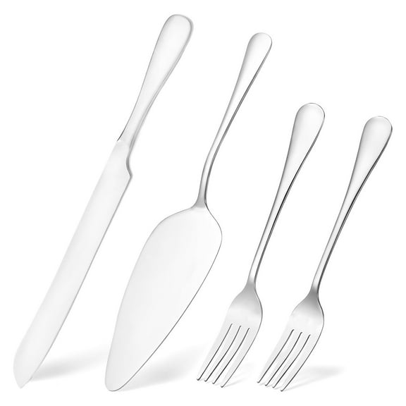 Wedding Cake Knife and Server Set, Silver Cake Cutting Set for Wedding, 4 Pieces Set with Forks for Engagements, Anniversaries, Bride and Groom