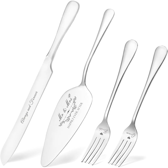 Wedding Cake Knife and Server Set, Silver Cake Cutting Set for Wedding, 4 Pieces Set with Forks for Engagements, Anniversaries, Bride and Groom