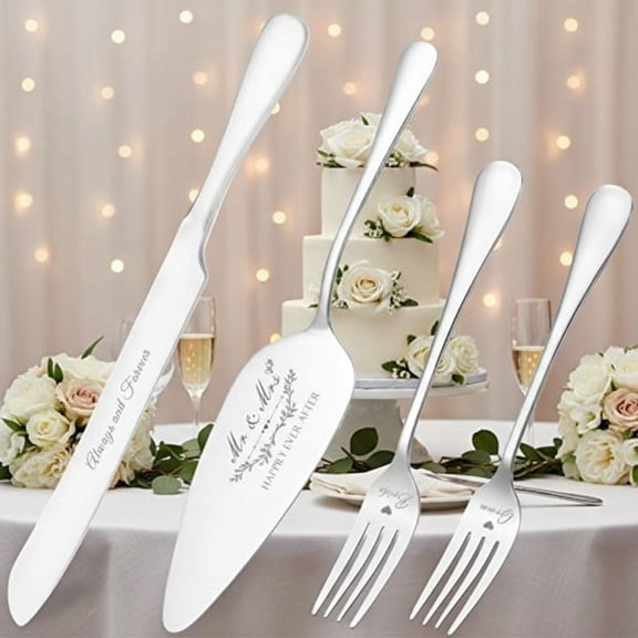 Wedding Cake Knife and Server Set, Silver Cake Cutting Set for Wedding, 4 Pieces Set with Forks for Engagements, Anniversaries, Bride and Groom