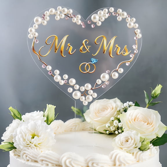 Wedding Cake Topper - Heart Shaped Acrylic Mr & Mrs Cake Topper with Pearls & Pink Rhinestones, Elegant Bridal Shower & Anniversary Decoration, Romantic Gold Script Engagement Cake Decor