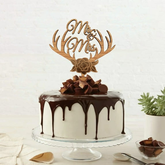 Wedding Cake Topper Set with Wooden Picks - Elegant Cake Decorations for Wedding Cakes Featuring Classic Design and Reusable Components - B