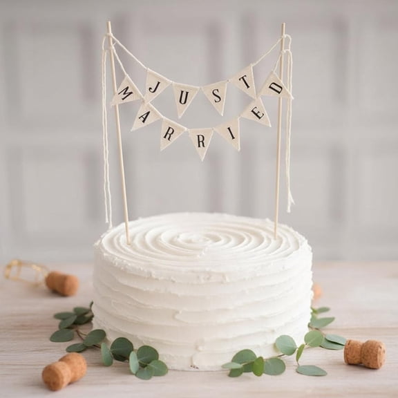 Wedding Cake Topper, Vintage Affair Rustic Just Married Cake or Cheese Bunting, Handmade Pennant Flags with Wood Pole Ivory