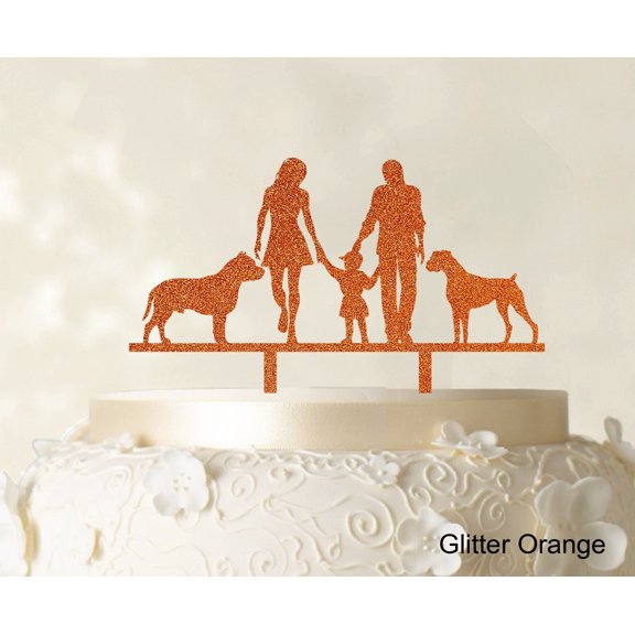 "Wedding Cake Topper With Child And Pets Family Silhouette Cake Topper Decoration Cake Color Option Available 6""-7"" Inches Wide"