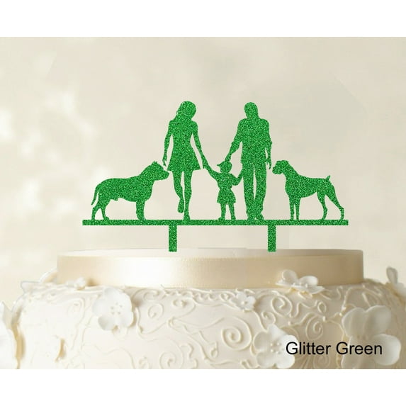 "Wedding Cake Topper With Child And Pets Family Silhouette Cake Topper Decoration Cake Color Option Available 6""-7"" Inches Wide"