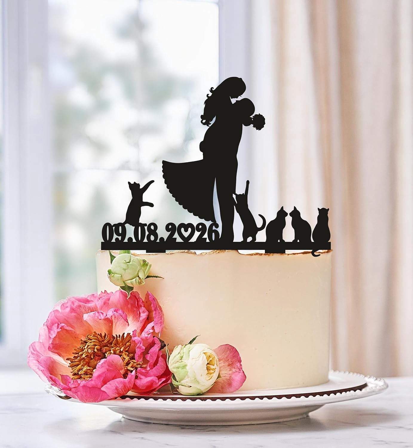 Wedding Cake Topper With Date, Bride and Groom With Five Cats ...
