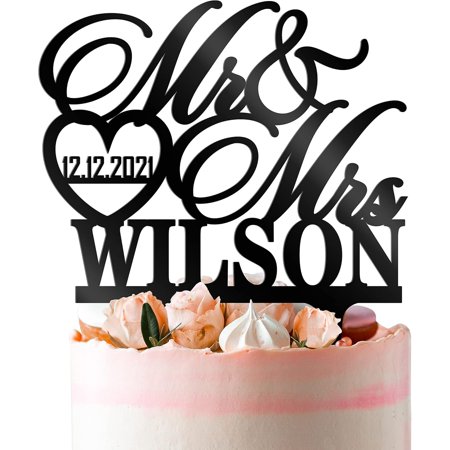 Wedding Cake Toppers - Mr and Mrs Cake Topper, Customized Last Name & Date w/Heart, Anniversary Cake Topper, Wedding Cake Decorations 2 Styles - 3 Solid Colors
