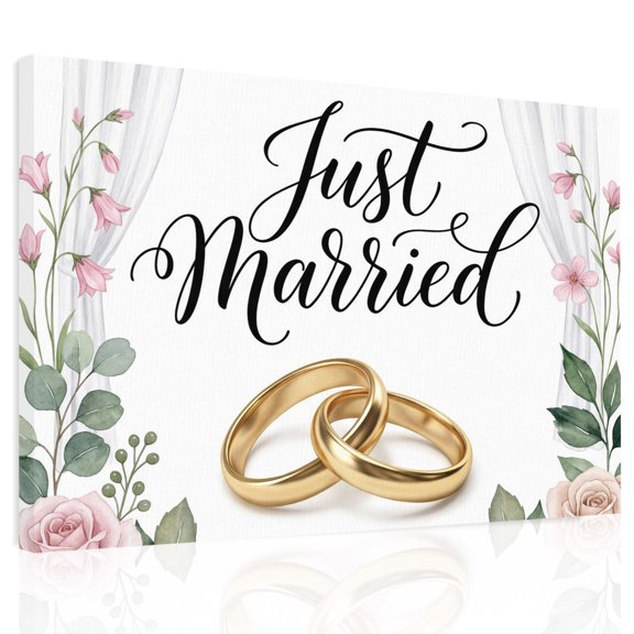 Wedding Canvas Print Wall Art, Just Married Rings Roses Formal Romantic Wall Decor Modern Artwork Paintings Pictures for Living Room Framed and Stretched Ready to Hang 12" x 16"