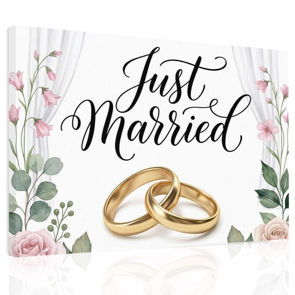 Wedding Canvas Print Wall Art, Just Married Rings Roses Formal Romantic Wall Decor Modern Artwork Paintings Pictures for Living Room Framed and Stretched Ready to Hang 24" x 32"