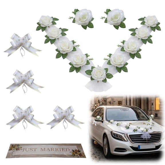 Wedding Car Decorations Kit Includes Ribbon and White roses for Wedding Car Decoration Luxury Wedding Accessories for Newlyweds