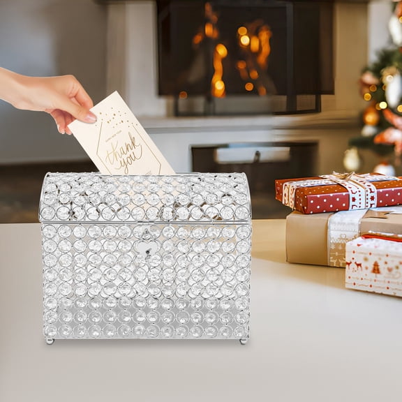 Wedding Card Box with Lock - Large Silver Glass & Iron Keepsake Box for Wedding Receptions, Engagement Parties - Heart-Shaped Lock with Key, Spacious Design for Cards and Envelopes
