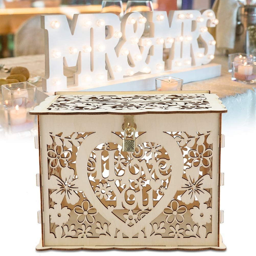 Wedding Card Box with Lock, Wood Gift Card Box Holder Money Box for