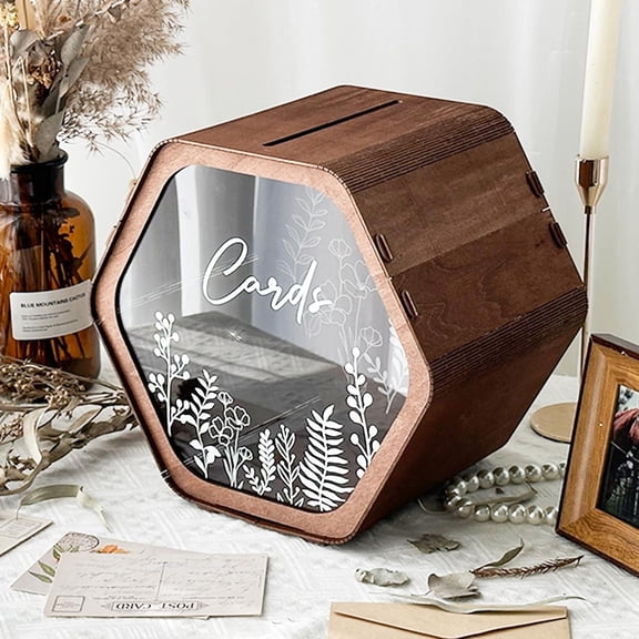 Wedding Card Box for Party, Hexagon Brown Gift Card Box Envelope Money Box with Floral Print, Wooden Wedding Card Boxes for Reception Birthday Baby Shower Graduation Rustic Wedding Decor