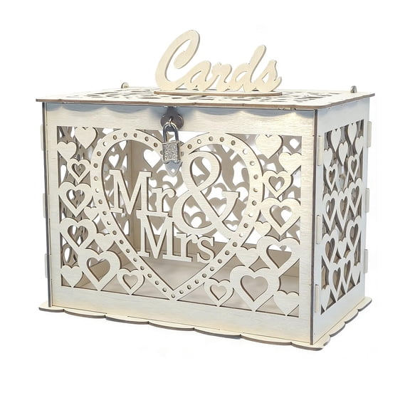 Wedding Card Box, Vintage White Wooden Envelope Holder With Heart Cutout and Lock, Rustic Gift Card Display for Wedding Reception Spring Party Decor