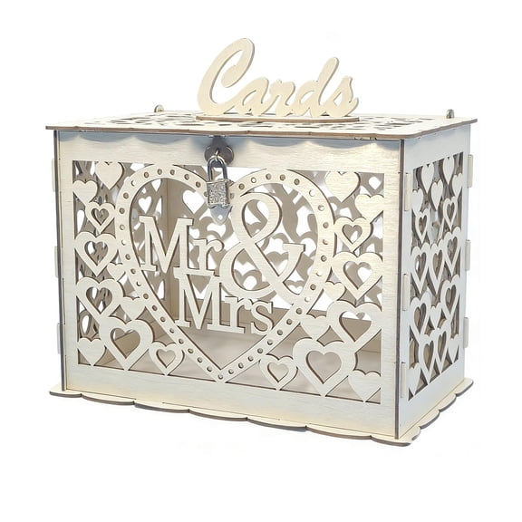 Wedding Card Box, Vintage White Wooden Envelope Holder With Heart Cutout and Lock, Rustic Gift Card Display for Wedding Reception Spring Party Decor