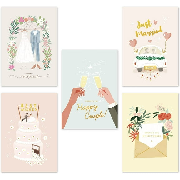 Wedding Cards for the Bride and Groom with Envelopes 5”x7”, Pack of 10 Assorted Cards, Blank Notes for Wedding Congratulations Card Bridal Showers Engagement Parties, Chic Designs with Real Gold Foil…