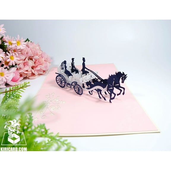 Wedding Carriage Pop Up Card (Black) – 3D Horse-Drawn Carriage Wedding Card – Handmade Greeting Card for Wedding, Anniversary, Engagement – Includes Envelope