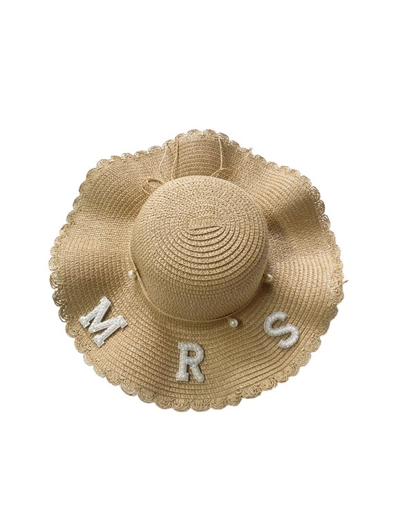 Wedding Celebration Bride Straw Weaving Hat Spring Sunproof Bride Top Hat with Pearl BRIDE/MRS Letter Decors