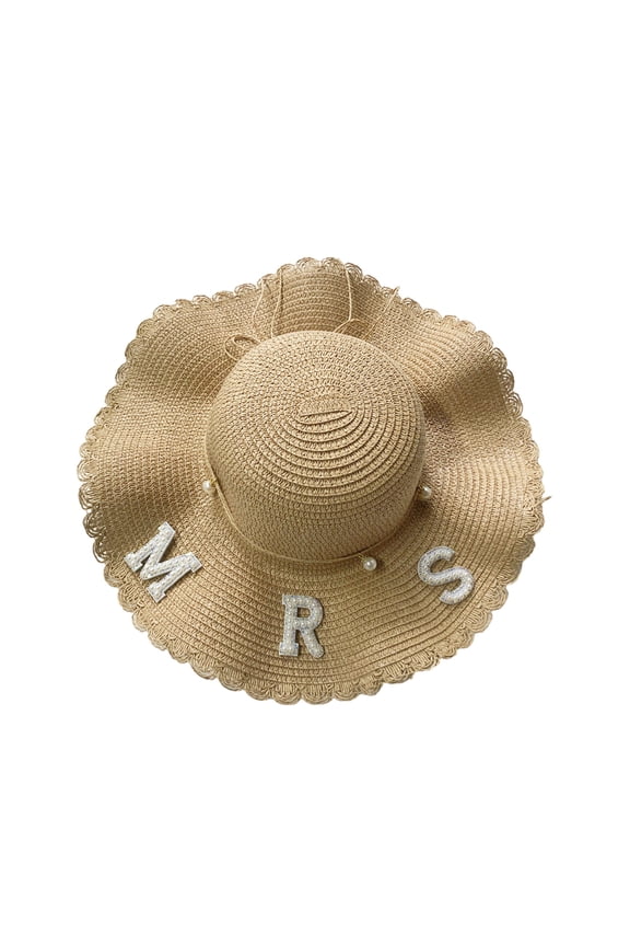 Wedding Celebration Bride Straw Weaving Hat Spring Sunproof Bride Top Hat with Pearl BRIDE/MRS Letter Decors