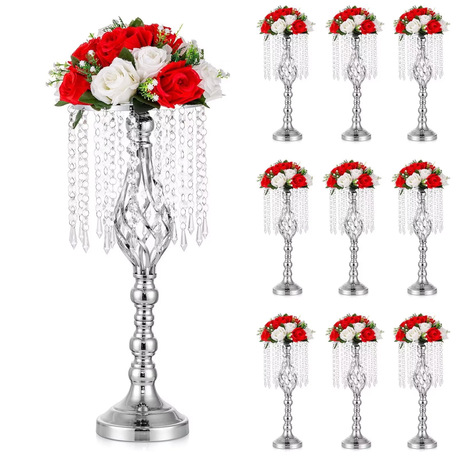"Bulk Wedding Decor Silver Metal Flower Vases, 19.3"" Tall, Set of 10
