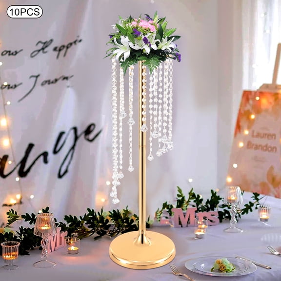 Wedding Centerpieces Gold Vases: 10 Pcs 27.5in Tall Crystal Flower Vase Metal Flowers Stand for Party Tables Decorations - Elegant Bulk Weddings Decoration Table Chandelier Centerpiece Stands