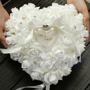 CAROLILY FINERY Wedding Ceremony Ivory Satin Crystal Ring Bearer Pillow Cushion Ring Pillow Heart Shape