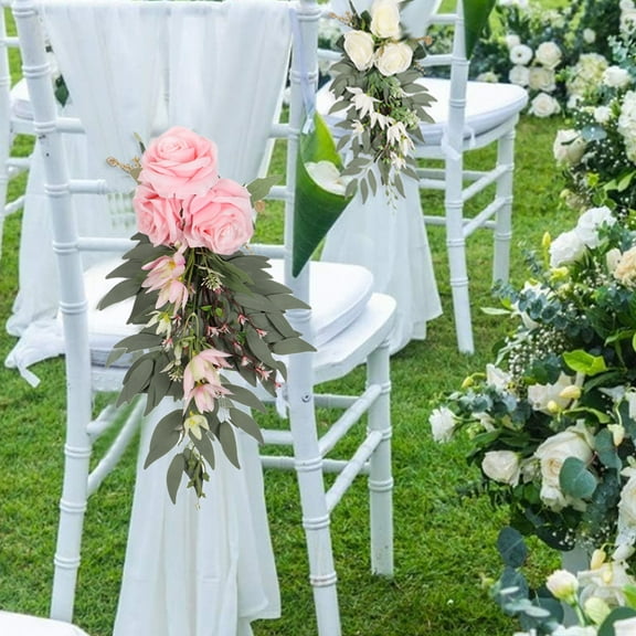 Wedding Chair Back Flower Decoration, Beige Rose and Leaf Design, 40x15cm PVC Floral Arrangement with Ribbon, Reusable Aisle Decor for Ceremonies and Events
