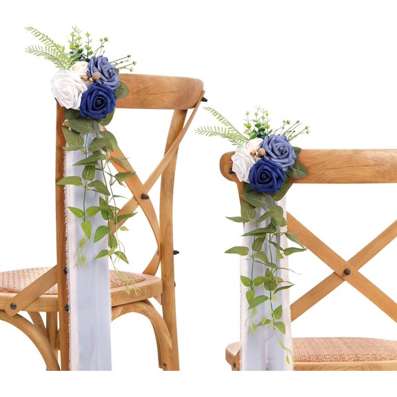 Wedding Chair Decorations Blue Pew Flowers Set of 10 for Wedding Ceremony Party Aisle Decor with Artificial Flowers Eucalyptus and Ribbons