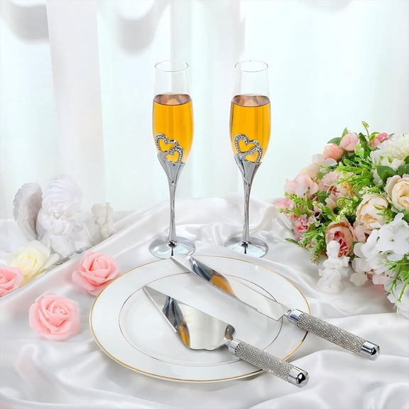 Wedding Champagne Flutes and Cake Knife Server Set with Rhinestone Hearts Decoration for Anniversary
